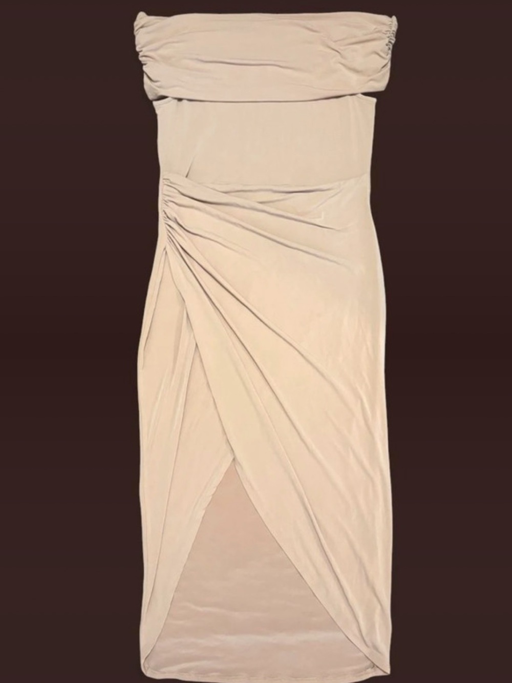 Strapless Ruched Wrap Maxi Dress in Beige